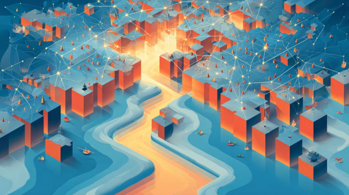 Networked buildings with a river of light opening up in the middle.