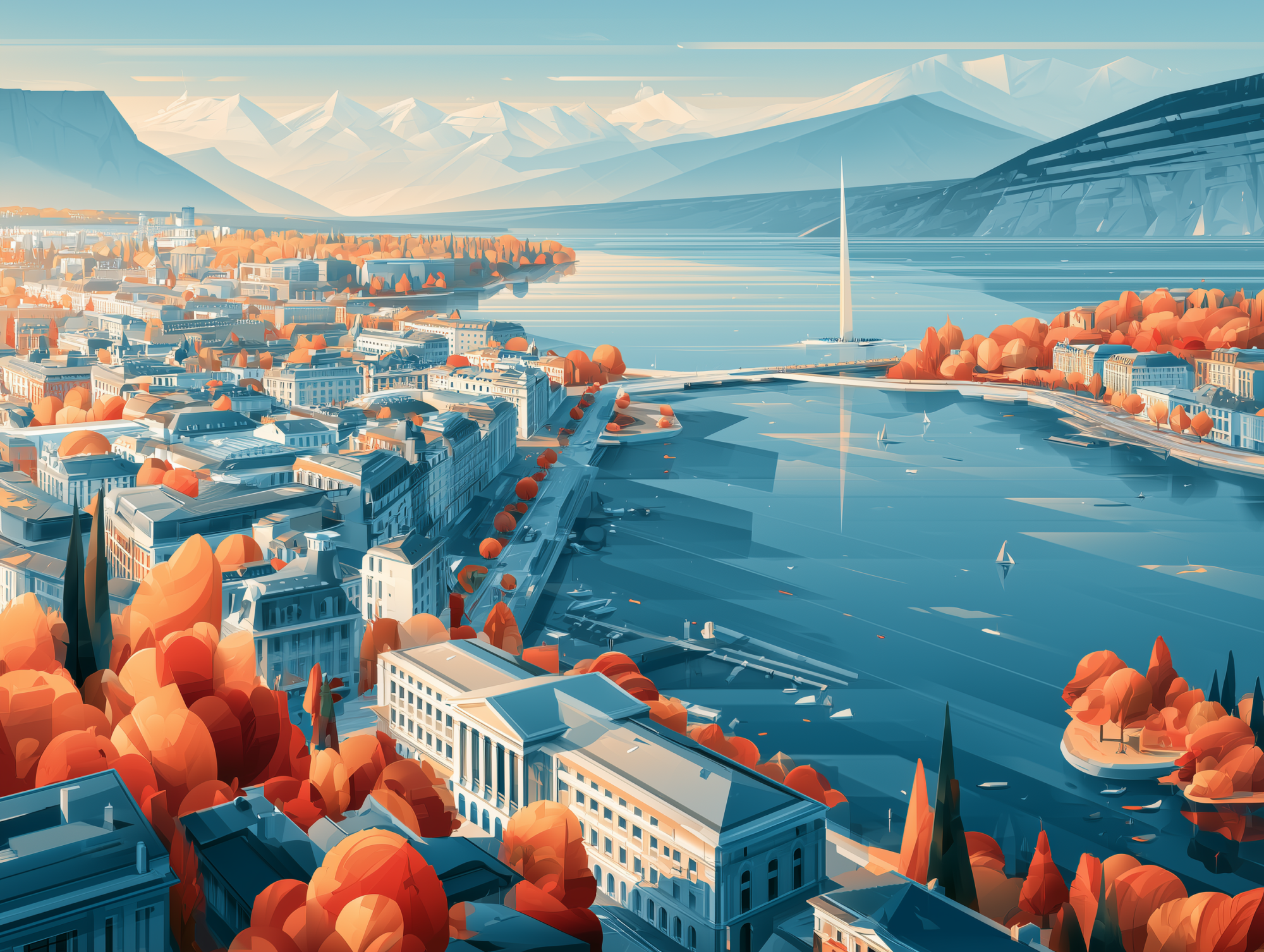 Midjourney generated image similar to a Geneva landscape with a lake, mountains and the jet d'eau.